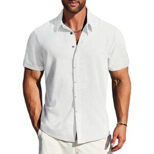 Men's White Linen Short Sleeve Button Down Casual Shirt Business Dress